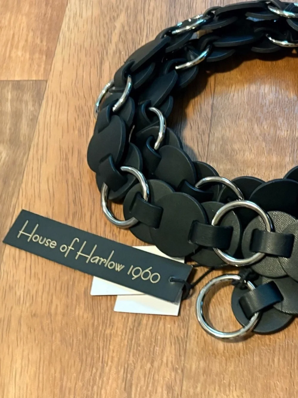 NWT House of Harlow 1960 Black Leather silver Disc Ring Link Belt Boho Size M/L